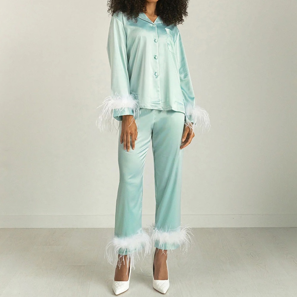 Elegant Satin Pajama Set with Feather Trim
